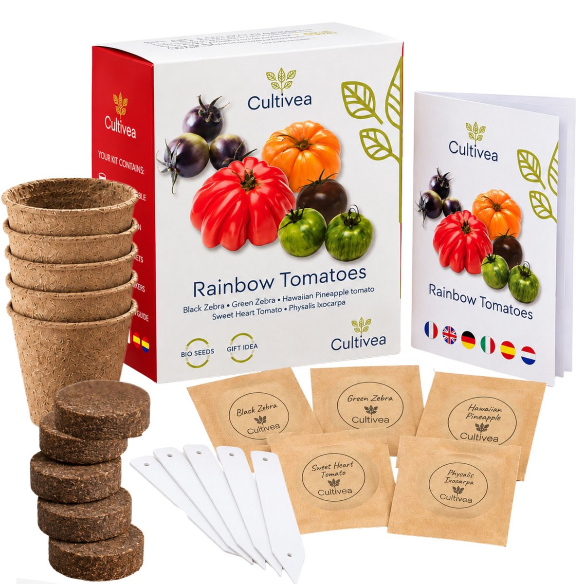 CULTIVEA® Organic* Tomatensamen-Set zum Pflanzen – 5 alte und farbenfrohe Sorten – Ochsenherztomate, Ananastomate, Grünes Zebra, Schwarzes Zebra, Physalis – Komplettes Tomatensetzlingsset mit Töpfen, Pastillen und Anleitung