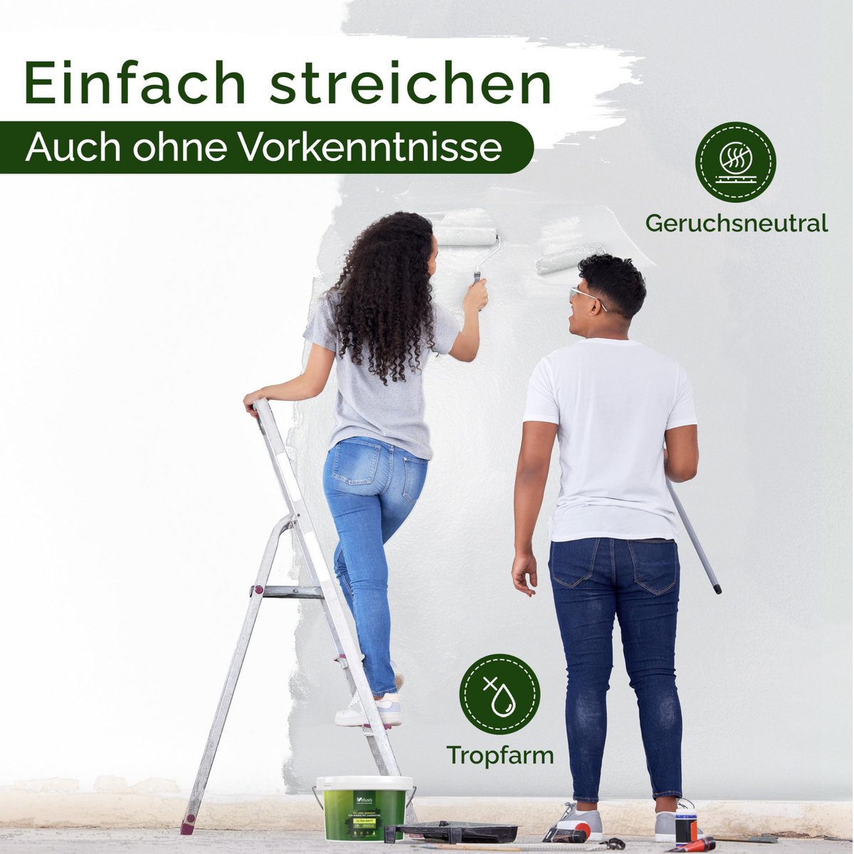 Veluxis® Wandfarbe Grau für den Innenraum - 2,5 Liter & Deckkraft-Klasse 1, Streifenfrei, tropfarm & Öko Farbe, VOC-frei - (Asian Noodles)