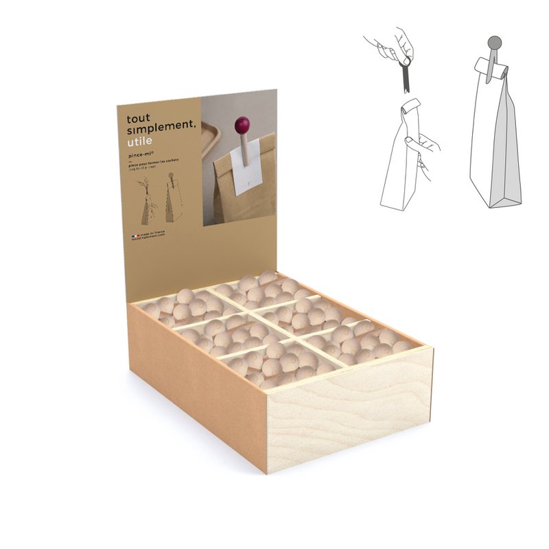 Espositore completo di 180 fermasacco in legno - naturale + espositore in omaggio