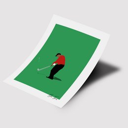 Minimalist poster featuring a golfer in a red shirt against a green background.