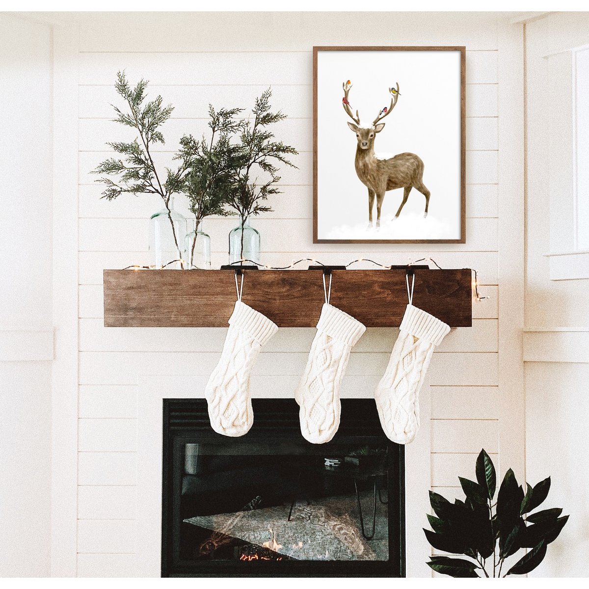 Deer and birds poster, botanical Christmas poster, deer poster, Christmas print, reindeer Christmas decor, Christmas poster