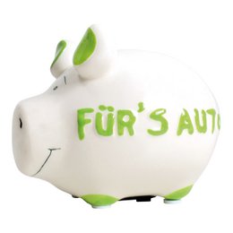 Sparegris firma sparegris "Til bilen" lavet af keramik, hvid/grøn (B/H/D) 12,5x9x9cm lille gris