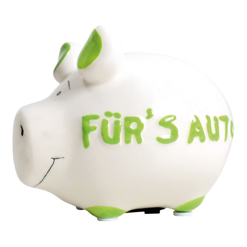 Sparegris firma sparegris "Til bilen" lavet af keramik, hvid/grøn (B/H/D) 12,5x9x9cm lille gris