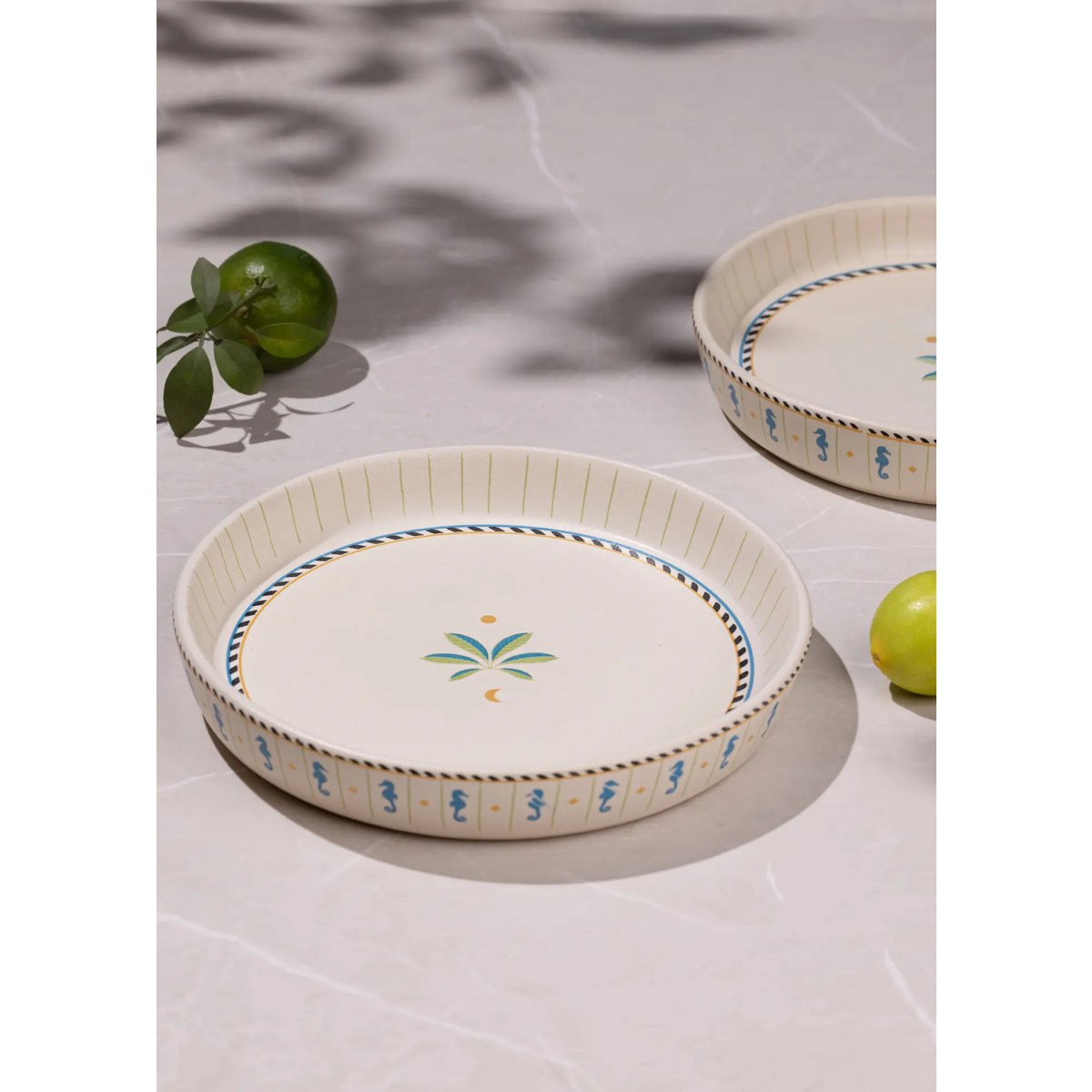 Handpainted Ceramic Serving Tray Tall Edge - Petit, Palm & Seahorse Motif