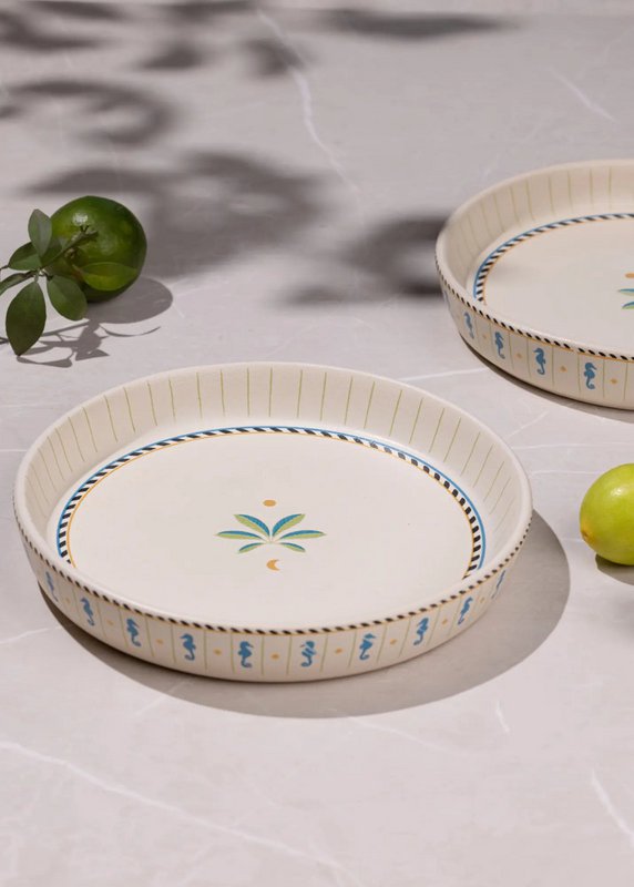 Handpainted Ceramic Serving Tray Tall Edge - Petit, Palm & Seahorse Motif