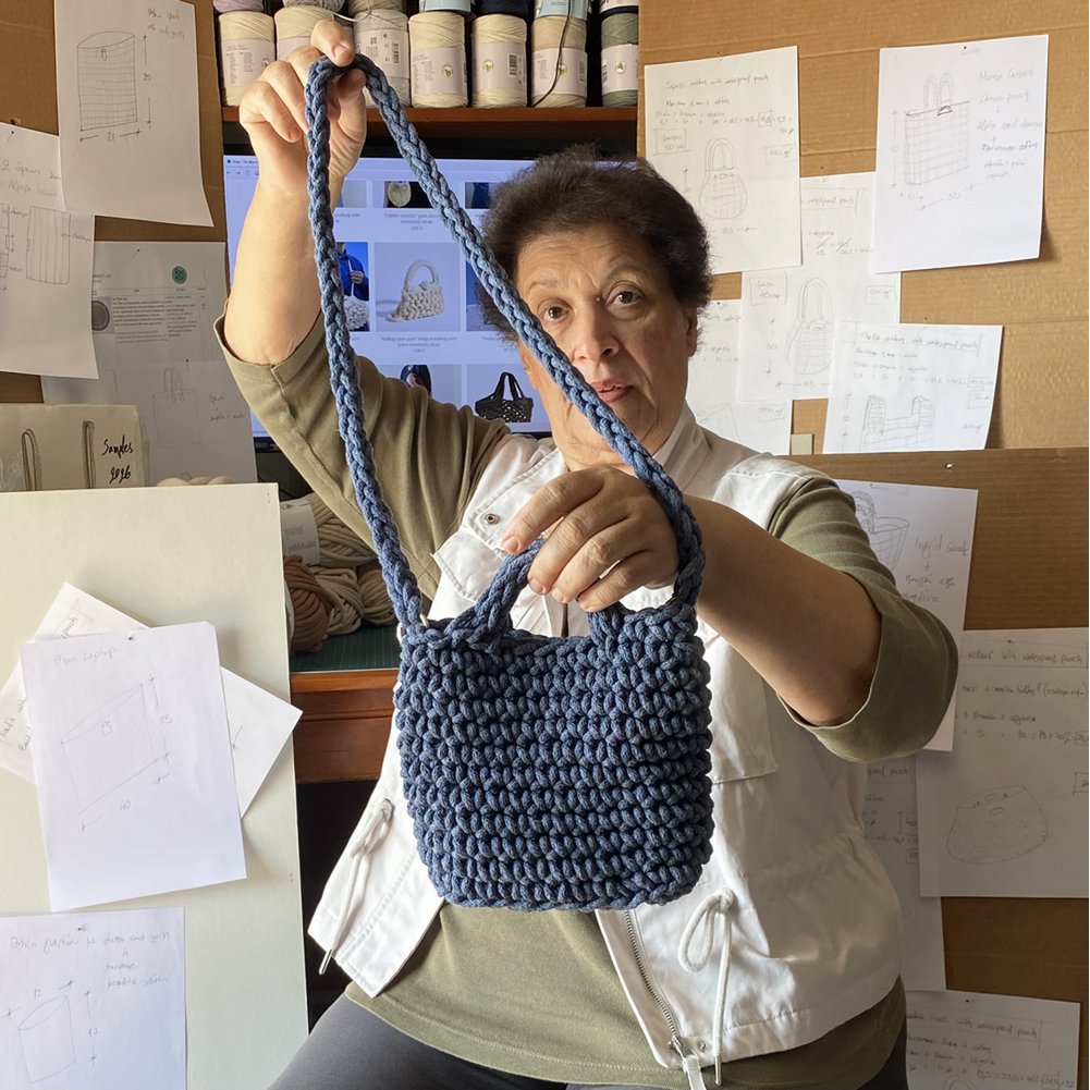 “Voukola cotton” crochet crossbody bag with waterproof pouch denim blue