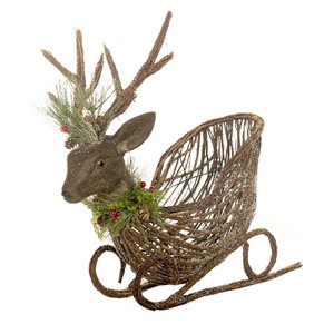 Twig Vine Deer Head Sleigh Tabletop Brwn/Grn 62cm