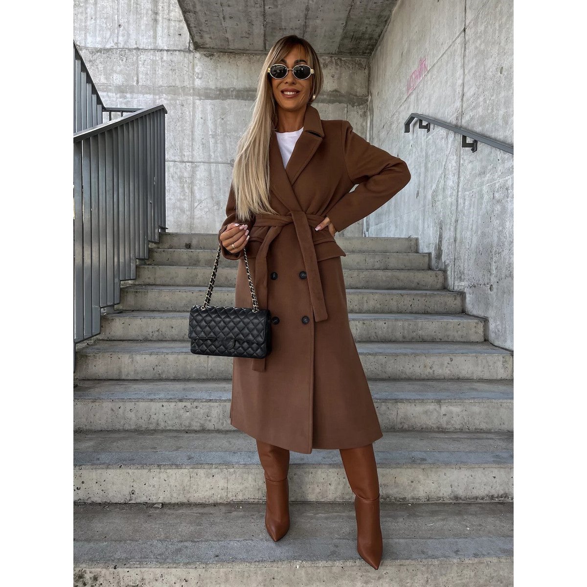 Double-breasted Lapel Split Jacket With Belt Winter Fashion Casual Long Sleeve Button Daily Coats For Women Clothing