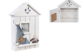 A wooden house-shaped key holder with dimensions of 20x7x31cm. It features a triangular roof, a shelf, and a hanging space for keys.