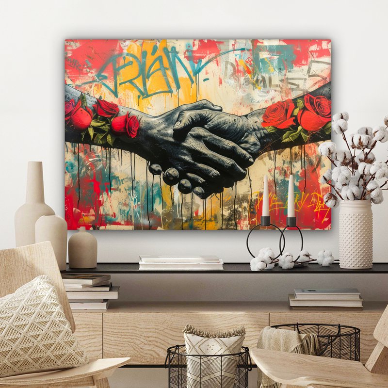 Canvas schilderij - Wanddecoratie Graffiti - Rozen - Handen - Street art - Muurdecoratie woonkamer - Slaapkamer decoratie - Kamer accessoires - Schilderijen op canvas