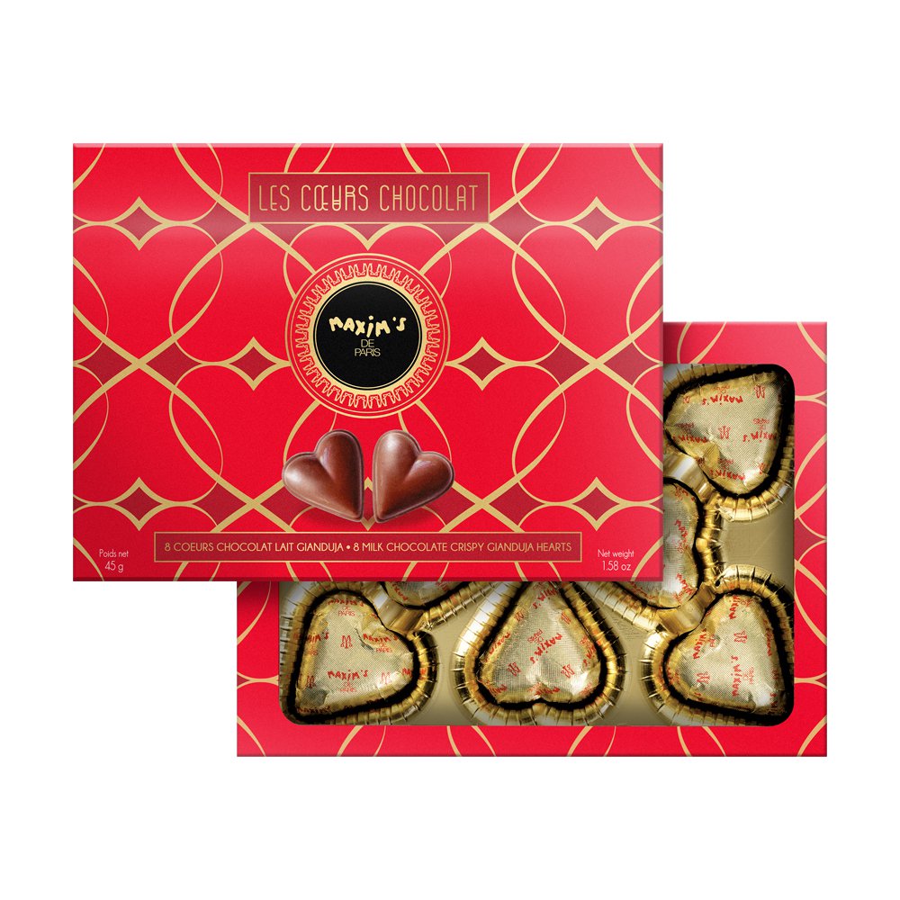 Kartonnen doos van 8 praline melkchocolade hartjes