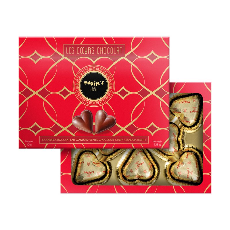 Scatola in cartoncino da 8 cuori di cioccolato al latte pralinato