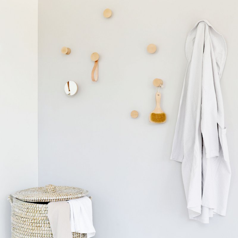 Round Beech Wood Wall Hook / Hanger with Leather Loop