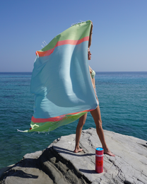 TOWEL TO GO NEON Recycled Cotton Beach Towel 180x100 cm | Sand Free | Green / Blue | with Gift Box
