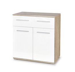 Sonoma oak and white chest of drawers, modern two-tone storage cabinet with handles, light wood finish furniture piece.