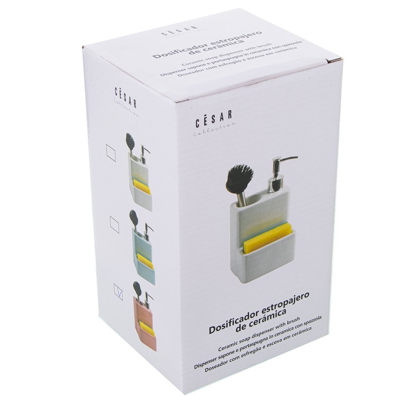 WHITE CERAMIC SCRUBBER DISPENSER WITH BRUSH AND SPONGE _11X9X18CM ST1153