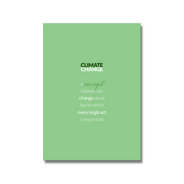 A green poster with the text "Climate Change Concept" in white. The poster features words related to climate change such as "warming", "greenhouse gases", and "sustainability".