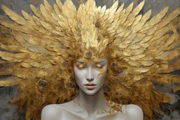Golden feathered angel wings, ethereal woman portrait, metallic gold art, celestial fantasy artwork.