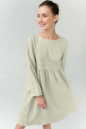 Long-sleeve linen dress, knee-length, relaxed fit, stonewashed, available in beige, red, white, rose, and more colors.