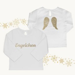 White baby t-shirt with "Engelchen" text and glitter wings design in gold, rose gold, or silver.
