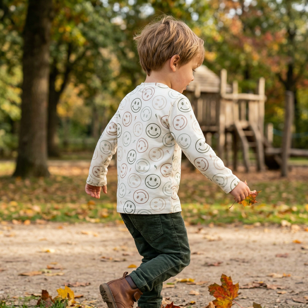 Beige Kids Long Sleeve T-shirt with Smiley Print