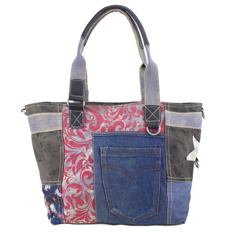 Damska torebka Sunsa. Torba na ramię wykonana z dżinsów, płótna i skóry z recyklingu. Torba w stylu retro vintage. Duża damska torba typu shopper w patchworkowym stylu