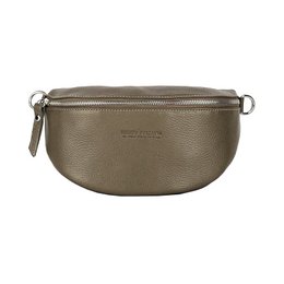 RB1015AQ | Waist bag with removable shoulder strap in Genuine Leather Made in Italy. Attachments with shiny nickel metal snap hooks - Taupe color - Dimensions: 24 x 14 x 7