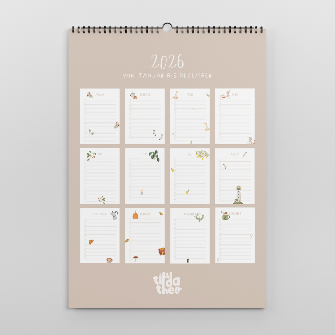 Family calendar 2026 A3 Tilda&Theo - cozy motifs illustrated calendar with 5 columns