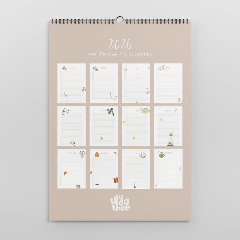 Family calendar 2026 A3 Tilda&Theo - cozy motifs illustrated calendar with 5 columns