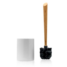 White ceramic toilet brush with bamboo handle. Durable and stylish bathroom accessory.