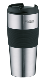 Stainless steel travel mug with charcoal black matte finish, 0.40L capacity, double-walled insulation to keep beverages hot or cold.