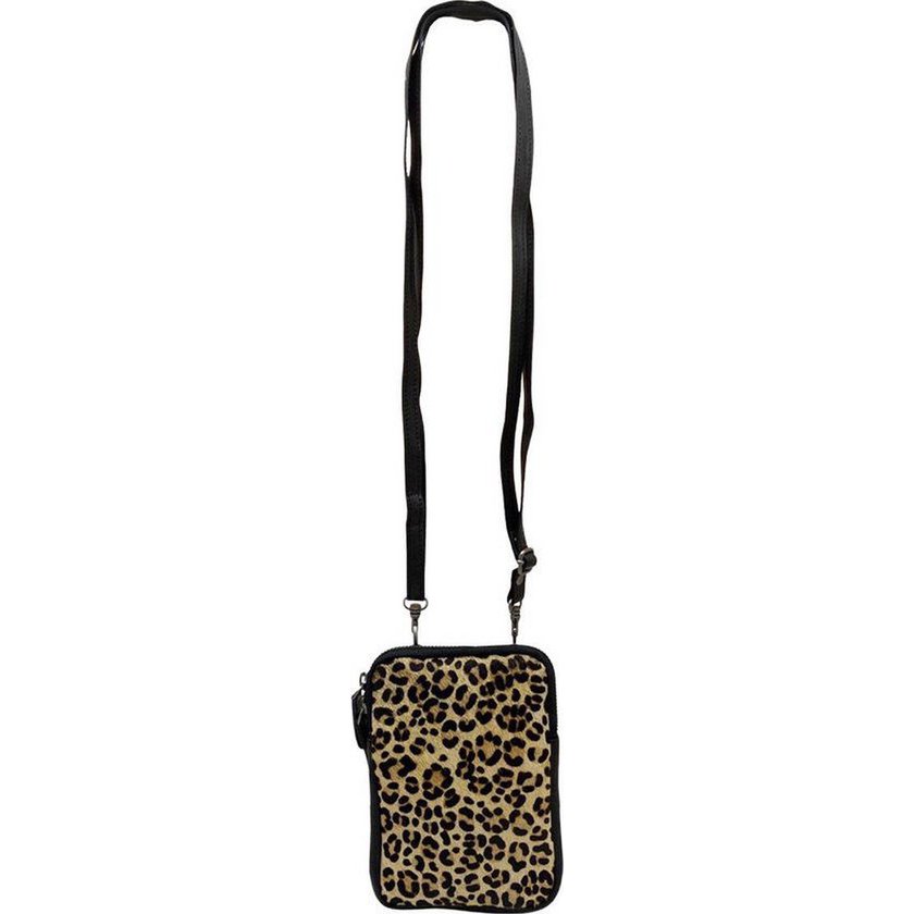 Leder -Telefonbeutel Damen schwarz mit Tigerdruck - stilvolle Tasche aus echtem Leder mit verstellbarem Schultergurt, ideal für das Tragen Ihres Telefons.