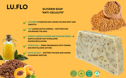 Glycerin-Anti-Cellulite-Seifenstück mit Aprikosenkern-, Senf- und Zitrusölen, tonisierender Massageeffekt