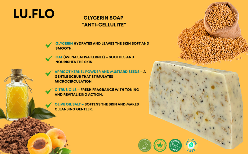 Glycerin-Anti-Cellulite-Seifenstück mit Aprikosenkern-, Senf- und Zitrusölen, tonisierender Massageeffekt