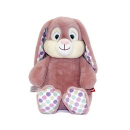 Soft, plush pink bunny stuffed animal with polka dot pattern and no zipper. Ideal for children as a cuddly companion.
