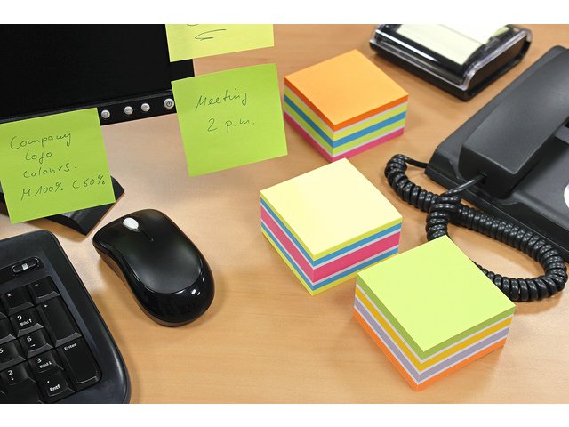Info notes 75x75mm assorti felle kleuren blok a 450 vel geel, blauw, wit, roze