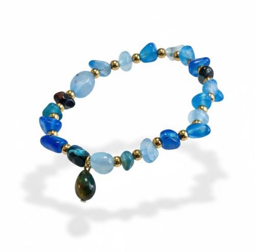 Women's bracelet blue Agate with gold-colored stainless steel intermediate beads