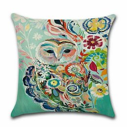 Colorful owl-patterned cushion cover with floral and abstract designs, made of soft, durable material.
