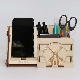 Organiseur de bureau CoolCuts Mill comprenant un support pour mobile/tablette en bois transparent