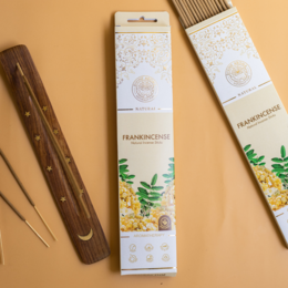 Natural incense sticks made with frankincense, no charcoal, long-lasting, and low smoke.