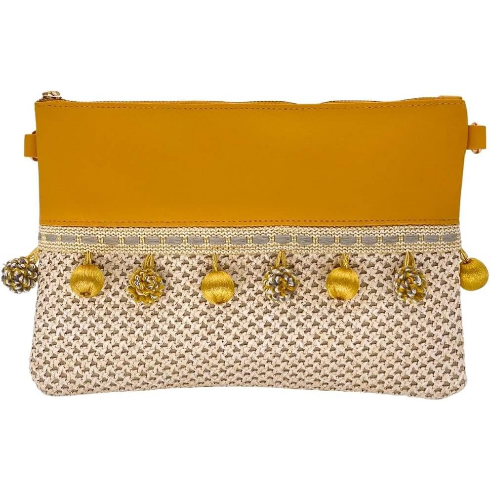 Gewebte Strohtasche "Valetta" Klein // 2 in 1 Umhängetasche & Stroh-Clutch mit Bommel // Gewebte Strandtasche, Basttasche, Flechttasche, Crossbody Tasche für Sommer, Strand - Boho Chic