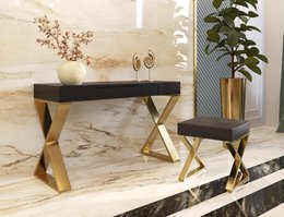  Sleek black vanity with gold metal frame, providing ample storage space and a modern, sophisticated look for a dressing table.