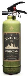 A green fire extinguisher with an olive oil design and the text "Premium White Chardonnay" on the label.