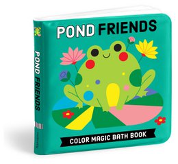 "Colorful bath book with pond friends, frog, fish, duck, water lily, interactive color magic pages"