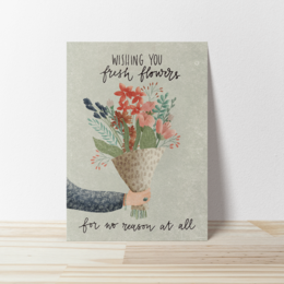  Colorful floral bouquet with text "Wishing you little flowers for all your dreams" on a greeting card.