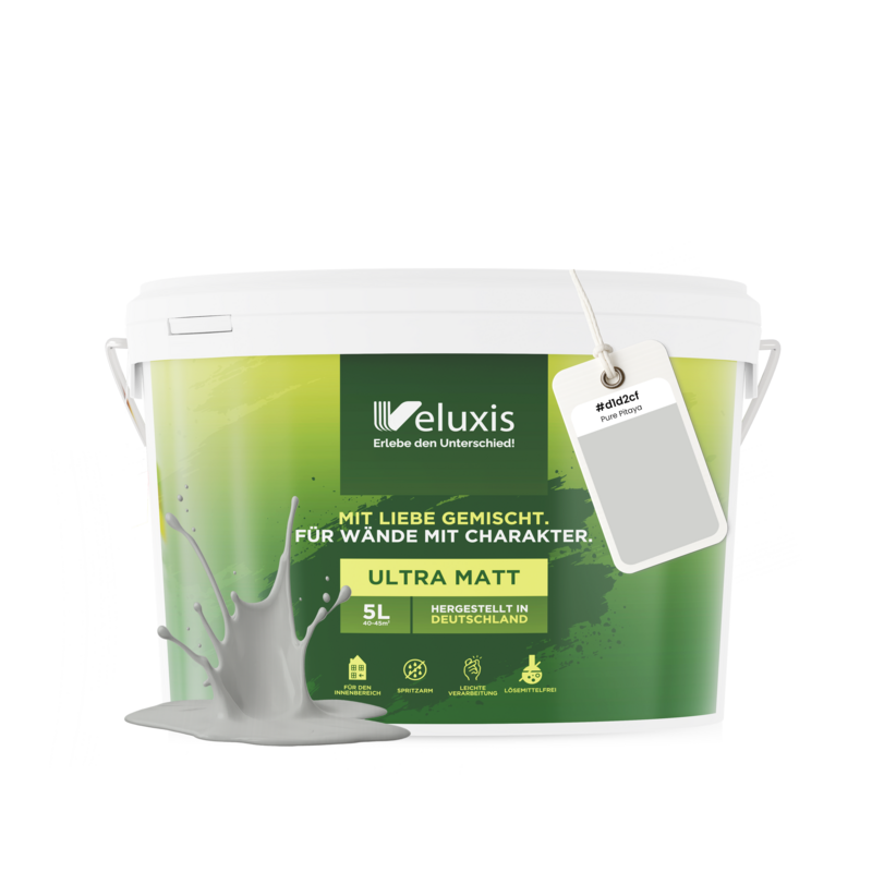 Veluxis® Wandfarbe Grau für den Innenraum - 5 Liter & Deckkraft-Klasse 1, Streifenfrei, tropfarm & Öko Farbe, VOC-frei - (Pure Pitaya)