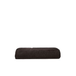 Dark charcoal gray recycled cotton polyester bath towel, soft textured, absorbent, sustainable material.