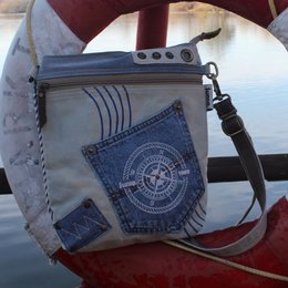 Bolso de hombro sostenible de mujer Sunsa. Bolso bandolera hecho de jeans reciclados y lona (canvas). Bolso estilo retro vintage. Bolso bandolera para mujer con motivo marinero