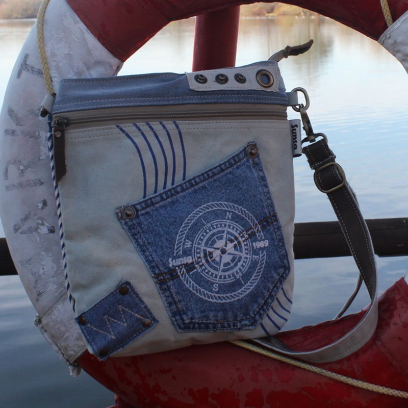 Sunsa Bæredygtig Skuldertaske til kvinder. Skuldertaske lavet af genbrugte jeans & canvas (canvas). Håndtaske i vintage retro stil. Crossbody taske til kvinder med maritimt motiv