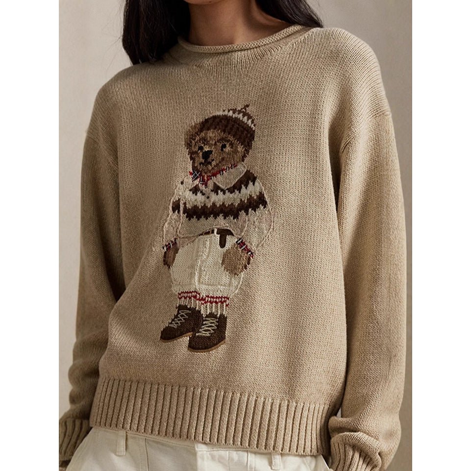 Women's teddy bear embroidery retro slim fit sweater American college style knitted sweater top